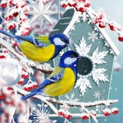 Роспись по холсту Птички на снежных веточках, 20х20 см