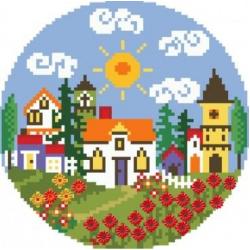 Алмазная мозаика, круглая Дом с садом, D24 см (частичное заполнение, с подрамником)